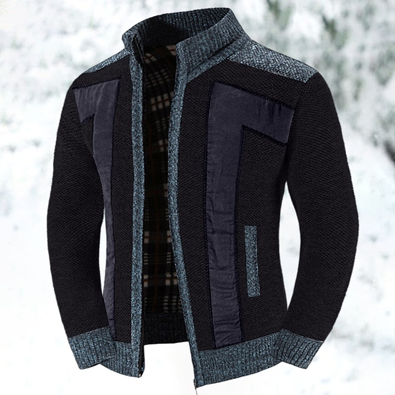Heren Gebreid Vest met Rits en Patchwork Detail Zwart