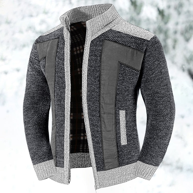 Heren Gebreid Vest met Rits en Patchwork Detail Donkergrijs