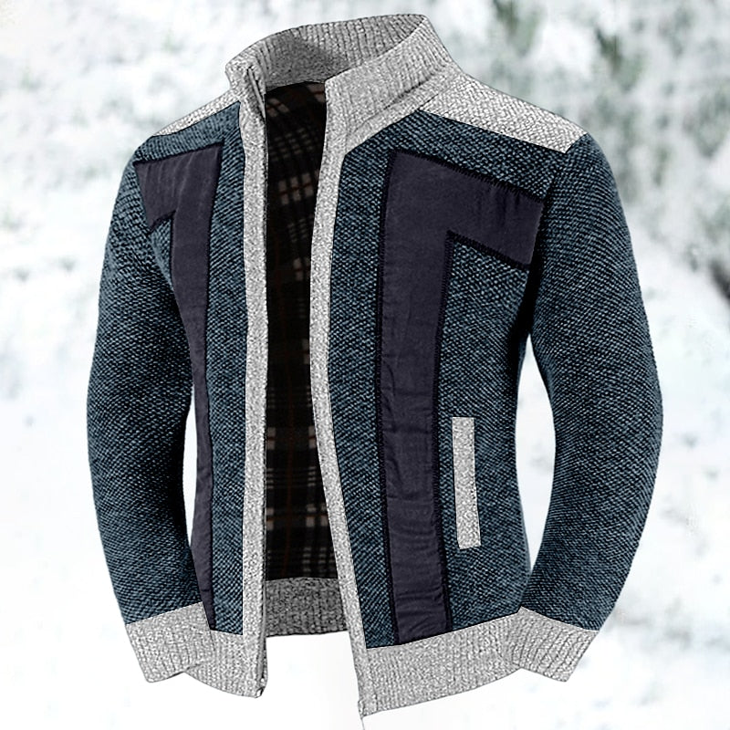 Heren Gebreid Vest met Rits en Patchwork Detail Marineblauw