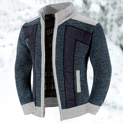Heren Gebreid Vest met Rits en Patchwork Detail Marineblauw