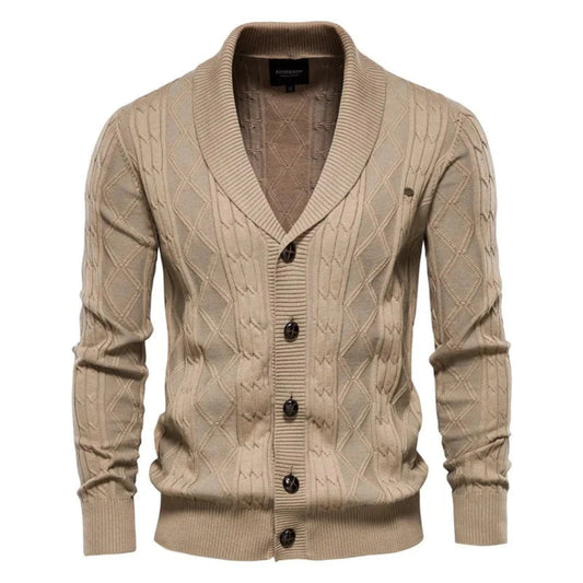 Heren Gebreid Vest met Sjaalkraag en Knoopsluiting in Ruitpatroon Beige