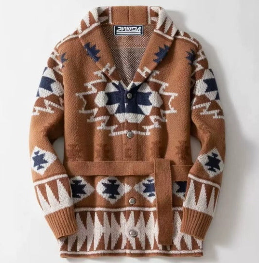 Heren Gebreide Cardigan met Jacquardpatroon en Sjaalkraag Lichtbruin