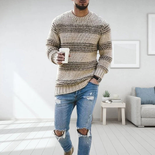 Heren Gebreide Pullover Trui met Strepen en Ronde Hals Beige