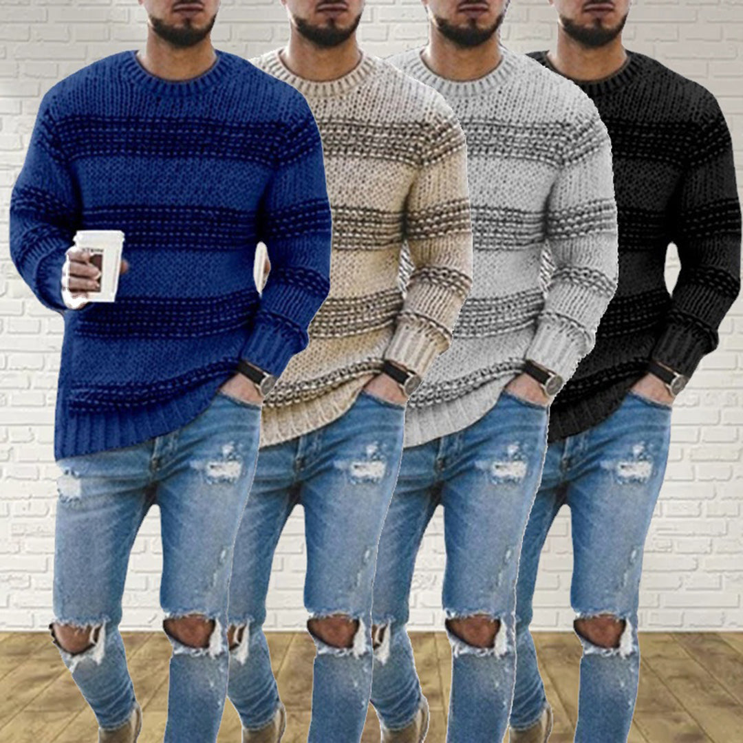 Heren Gebreide Pullover Trui met Strepen en Ronde Hals