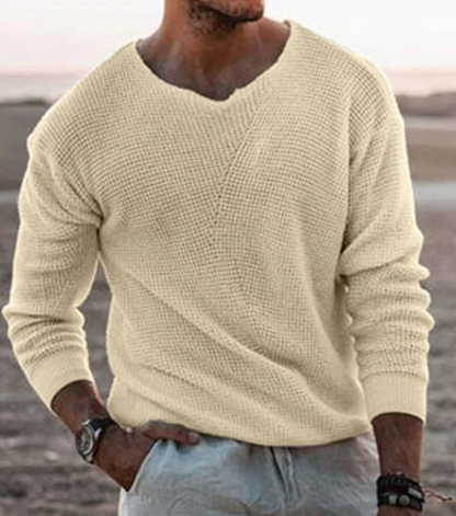 Heren Gebreide Trui met V-hals en Textuurpatroon Beige