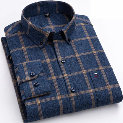 Heren Geruit Overhemd met Button-down Kraag en Borstzak Marine Blauw