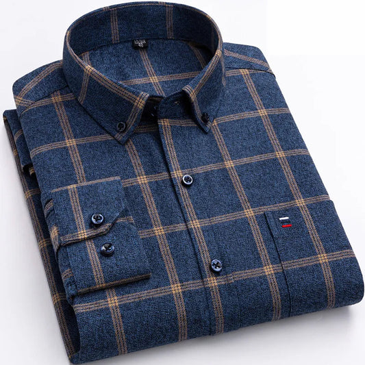 Heren Geruit Overhemd met Button-down Kraag en Borstzak Marine Blauw