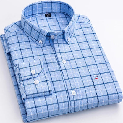 Heren Geruit Overhemd met Button-down Kraag en Borstzak Licht Blauw