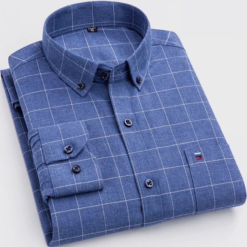 Heren Geruit Overhemd met Button-down Kraag en Borstzak Blauw