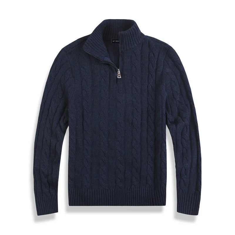 Heren Halve Zip Kabeltrui met Hoge Kraag Marineblauw