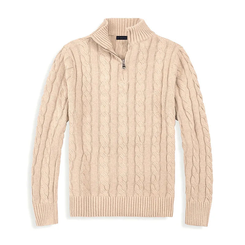 Heren Halve Zip Kabeltrui met Hoge Kraag Beige