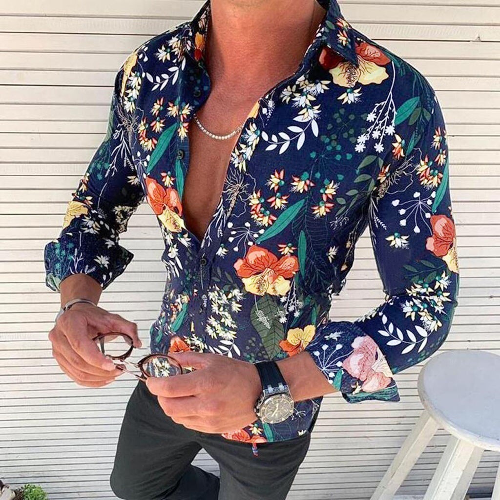 Heren Hawaiihemd met Bloemenprint en Lange Mouwen Blauw