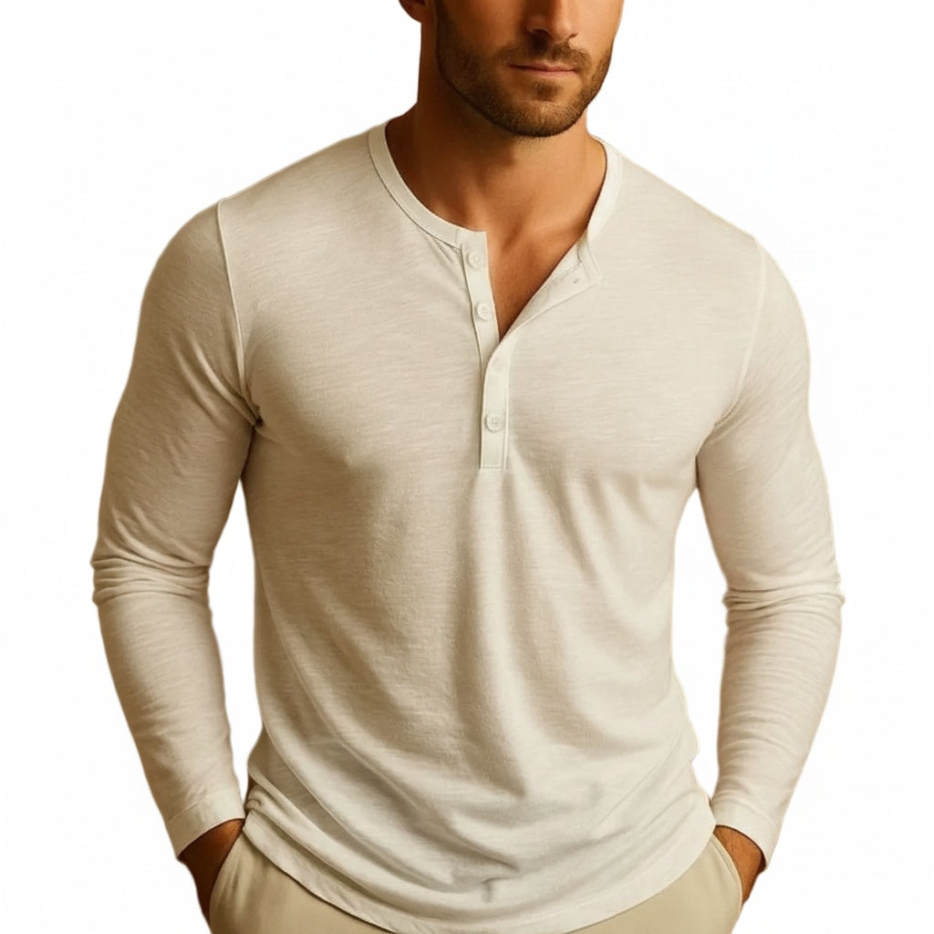 Heren Henley Shirt Lange Mouw met Knoopsluiting en Slim Fit
