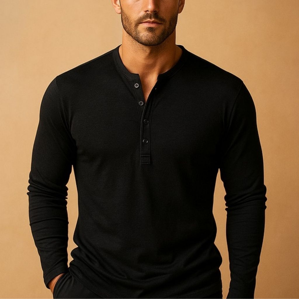 Heren Henley Shirt Lange Mouw met Knoopsluiting en Slim Fit