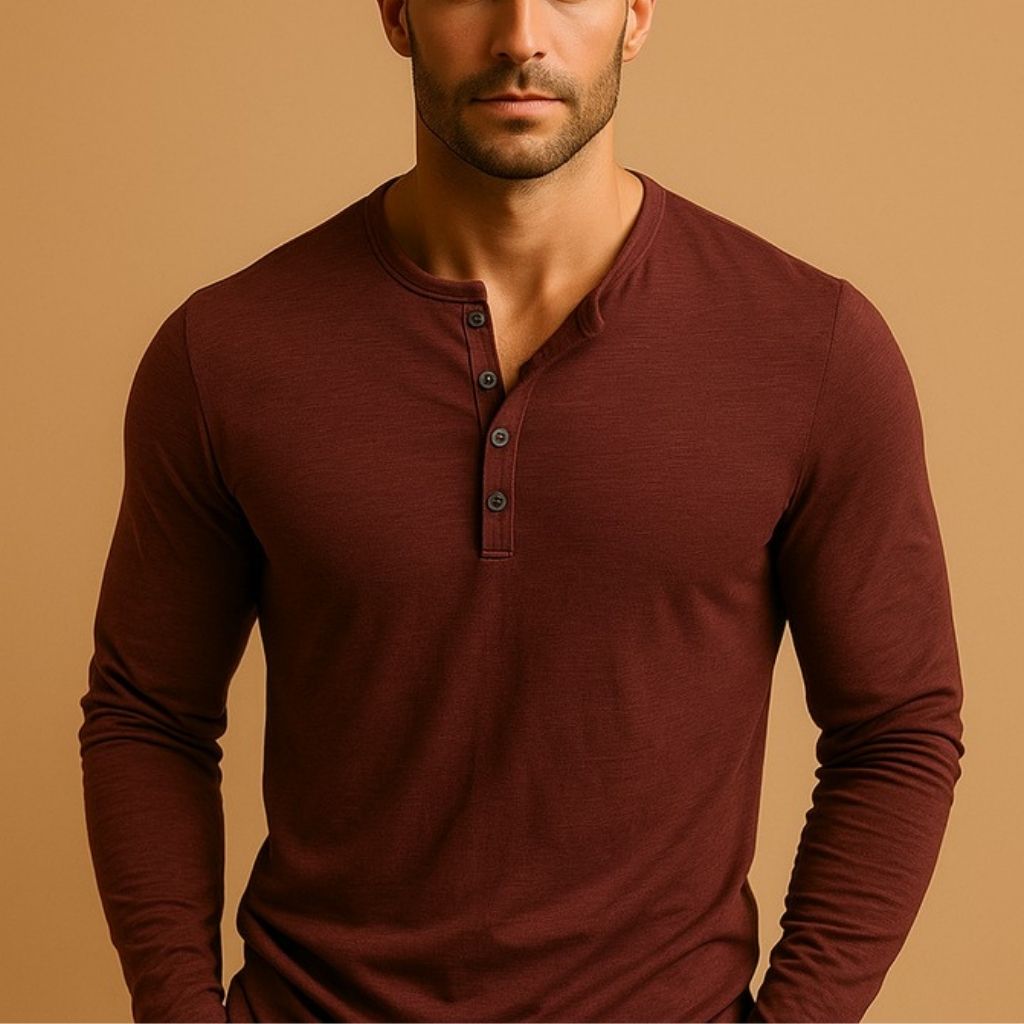 Heren Henley Shirt Lange Mouw met Knoopsluiting en Slim Fit