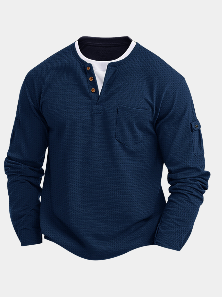 Heren Henley Shirt met Lange Mouwen en Knoopsluiting Marineblauw
