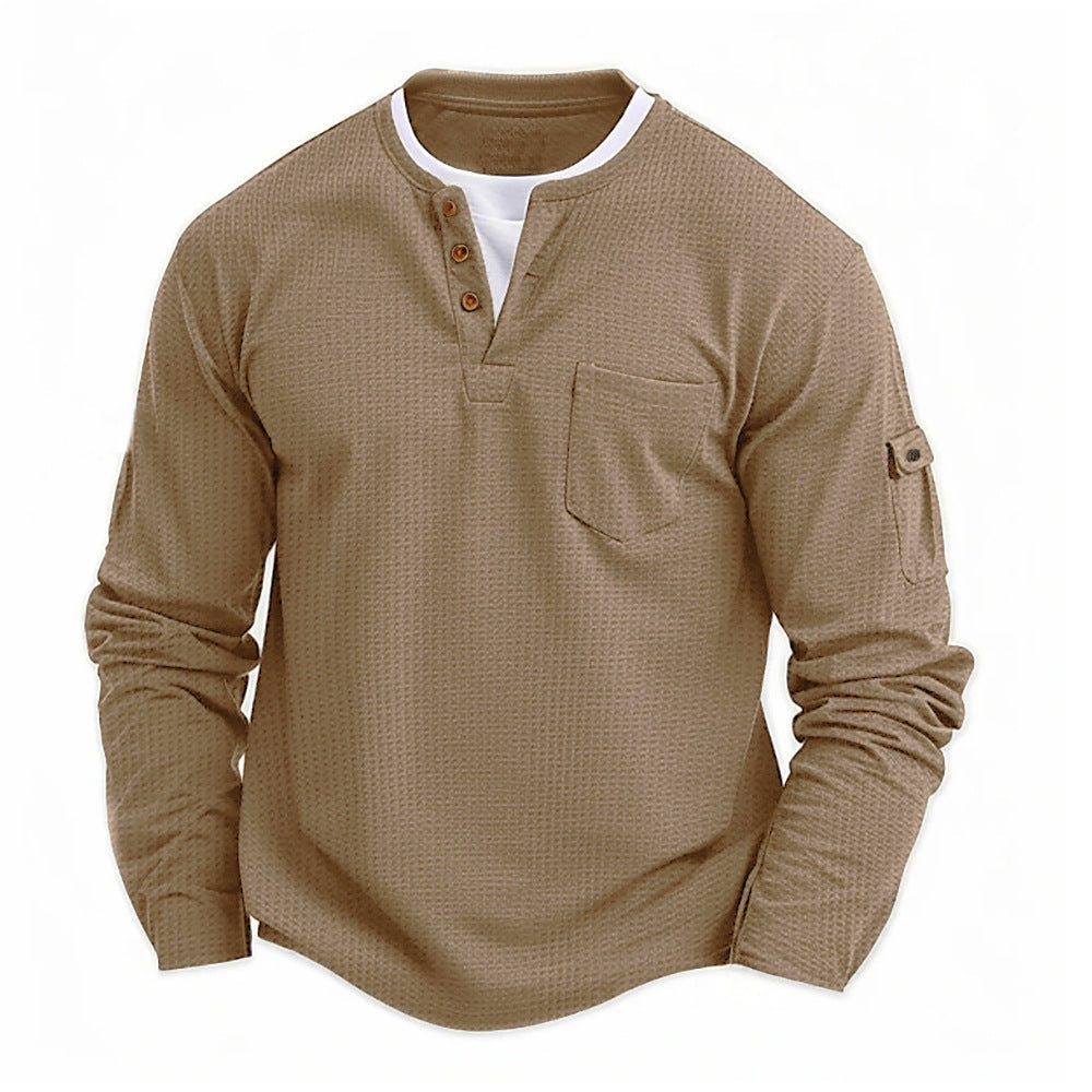 Heren Henley Shirt met Lange Mouwen en Knoopsluiting Beige