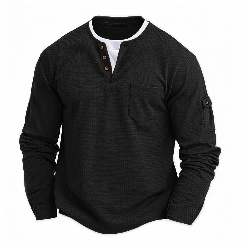 Heren Henley Shirt met Lange Mouwen en Knoopsluiting Zwart