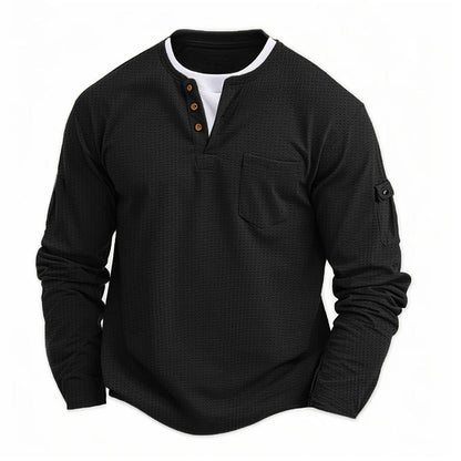 Heren Henley Shirt met Lange Mouwen en Knoopsluiting Zwart
