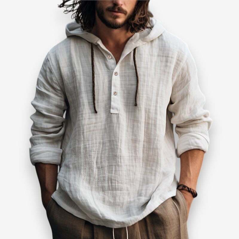 Heren Hoodie met Capuchon en Knoopsluiting in Relaxte Pasvorm Wit
