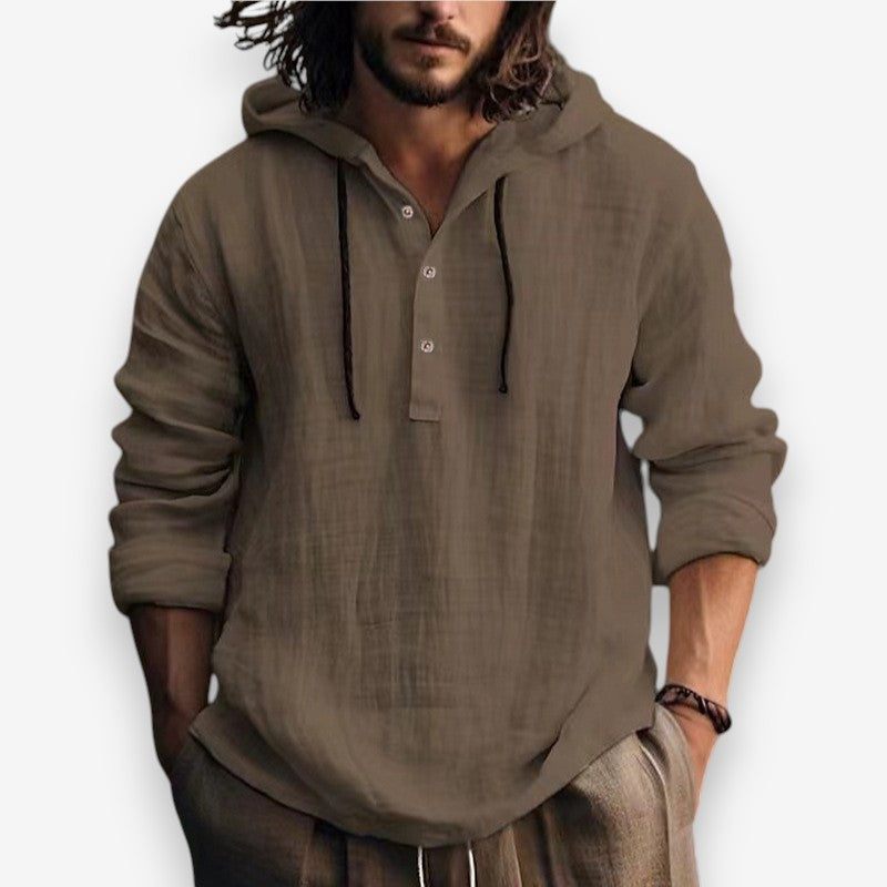 Heren Hoodie met Capuchon en Knoopsluiting in Relaxte Pasvorm Donkerbruin