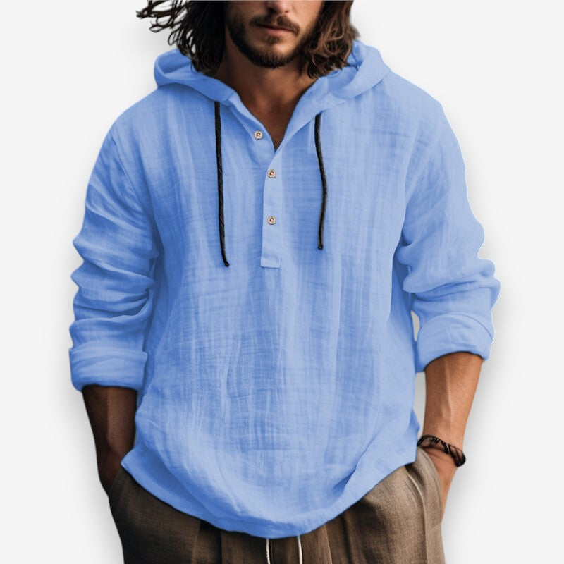 Heren Hoodie met Capuchon en Knoopsluiting in Relaxte Pasvorm Lichtblauw