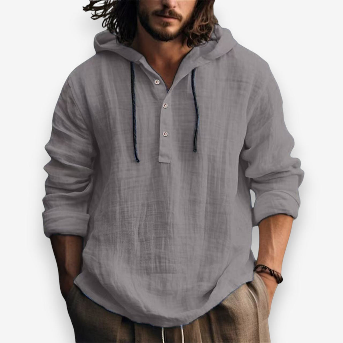 Heren Hoodie met Capuchon en Knoopsluiting in Relaxte Pasvorm Blauw