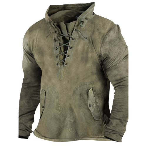 Heren Hoodie met Vetersluiting in Vintage Stijl Groen
