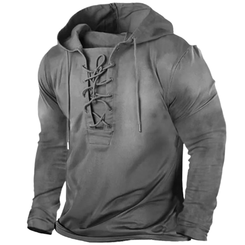 Heren Hoodie met Vetersluiting in Vintage Stijl Grijs