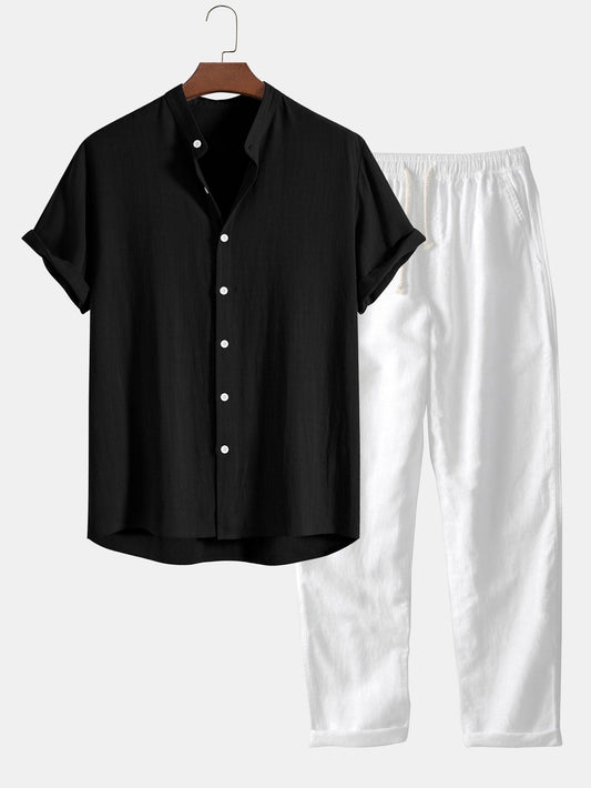 Heren Kleding Set Shirt Korte Mouw met Staande Kraag en Broek met Trekkoord Zwart