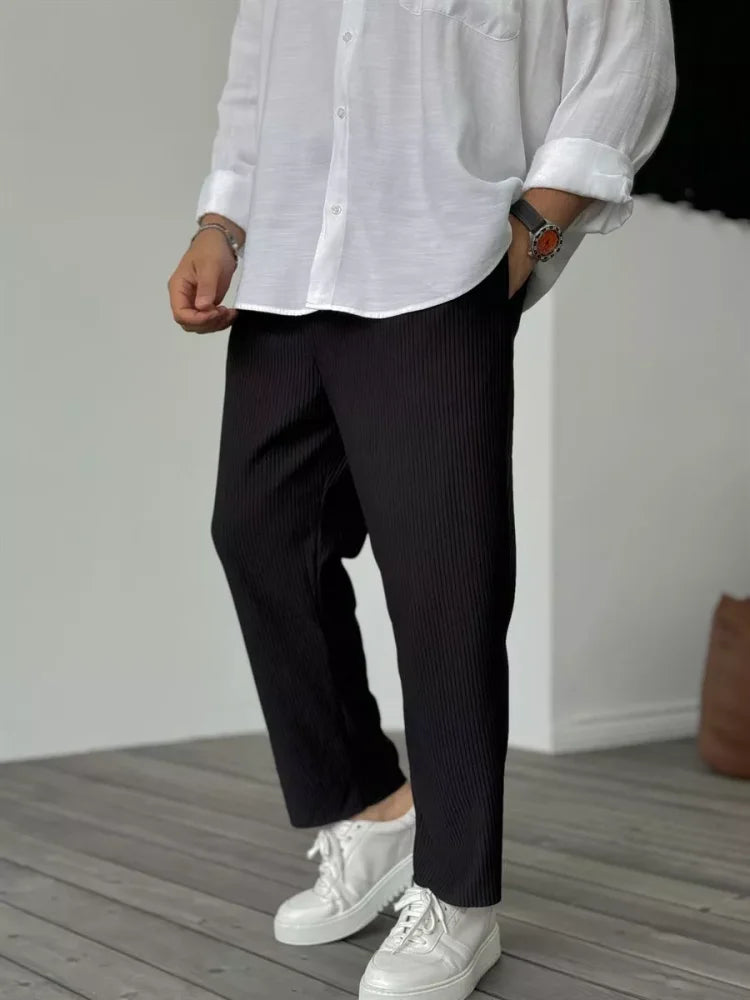 Heren Lange Broek met Losse Pasvorm en Koorddesign Zwart