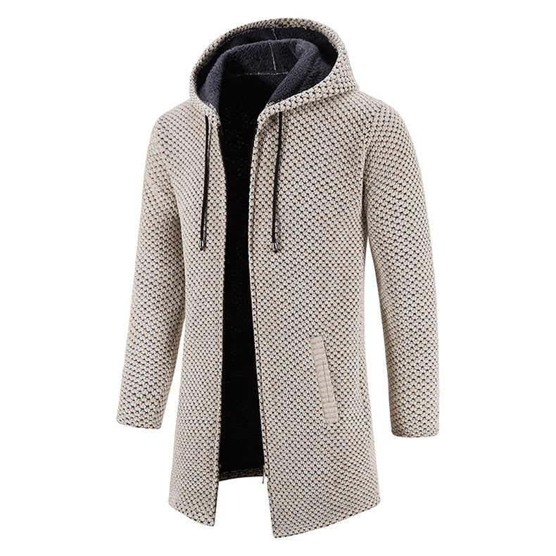 Heren Lange Gebreide Jas met Capuchon en Ritssluiting Beige