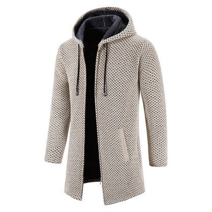 Heren Lange Gebreide Jas met Capuchon en Ritssluiting Beige