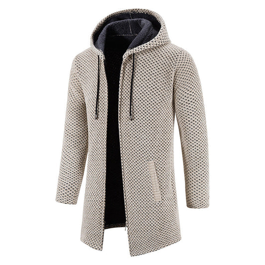 Heren Lange Gebreide Jas met Capuchon en Ritssluiting Beige