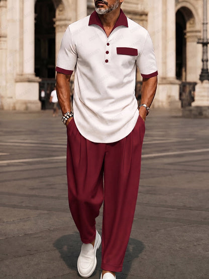 Heren Matching Set Korte Mouw met Staande Kraag en Knoopsluiting Zwart Rood