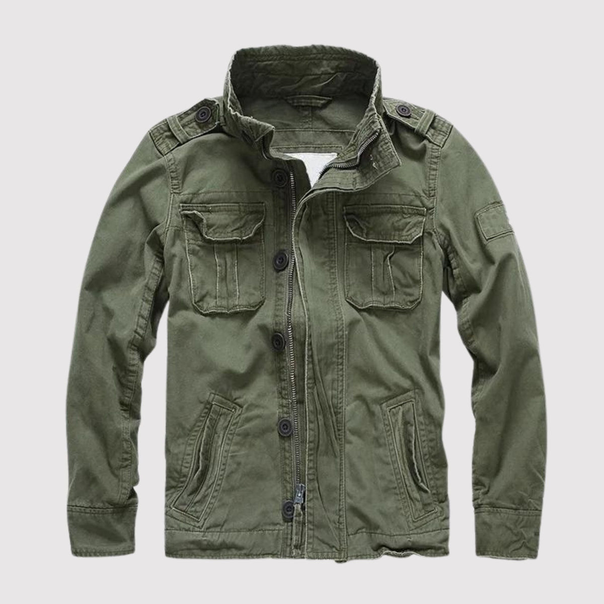 Heren Militaire jack met Opstaande Kraag, Ritssluiting en Meerdere Zakken