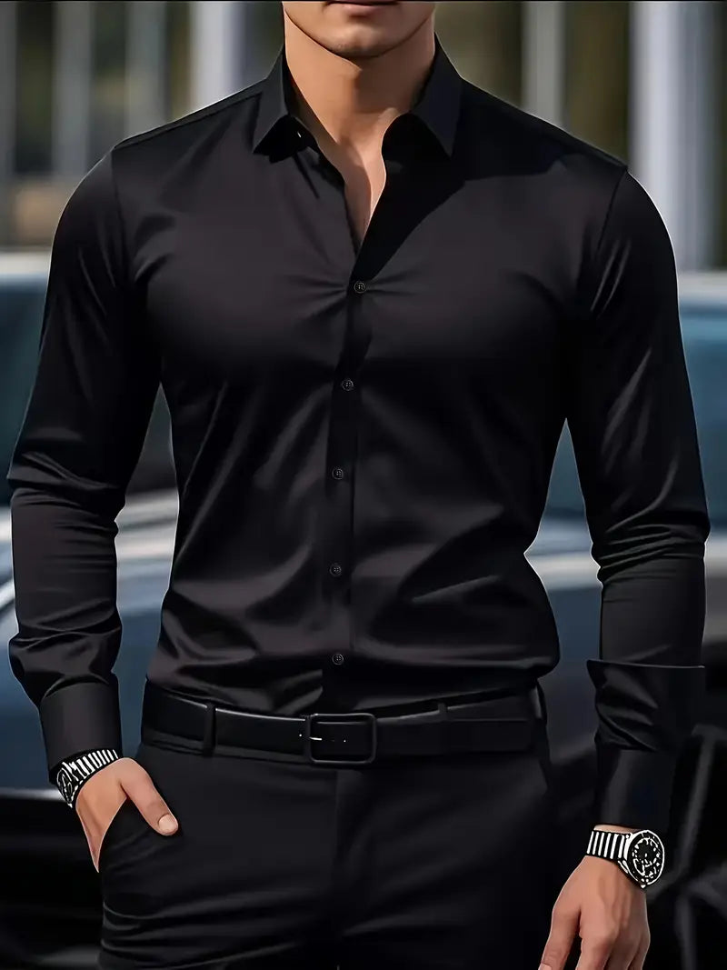 Heren Overhemd Slim Fit met Lange Mouwen en Kentkraag Zwart