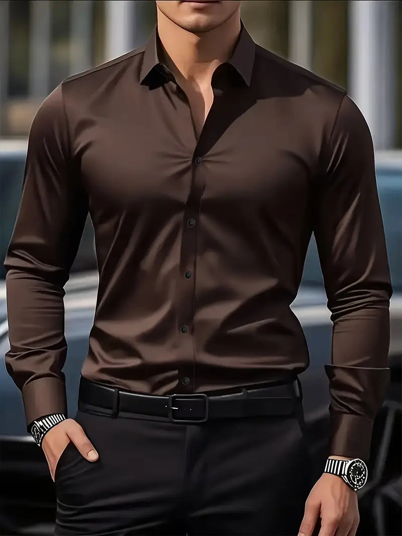 Heren Overhemd Slim Fit met Lange Mouwen en Kentkraag Bruin