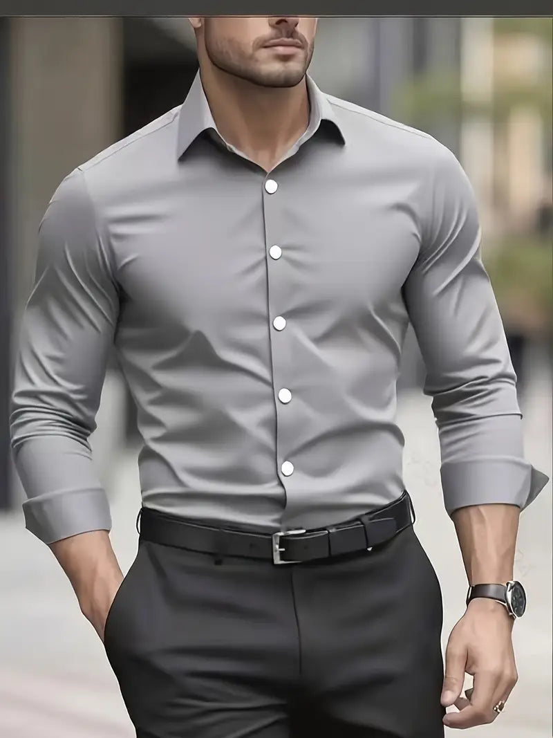 Heren Overhemd Slim Fit met Lange Mouwen en Kentkraag Lichtgrijs