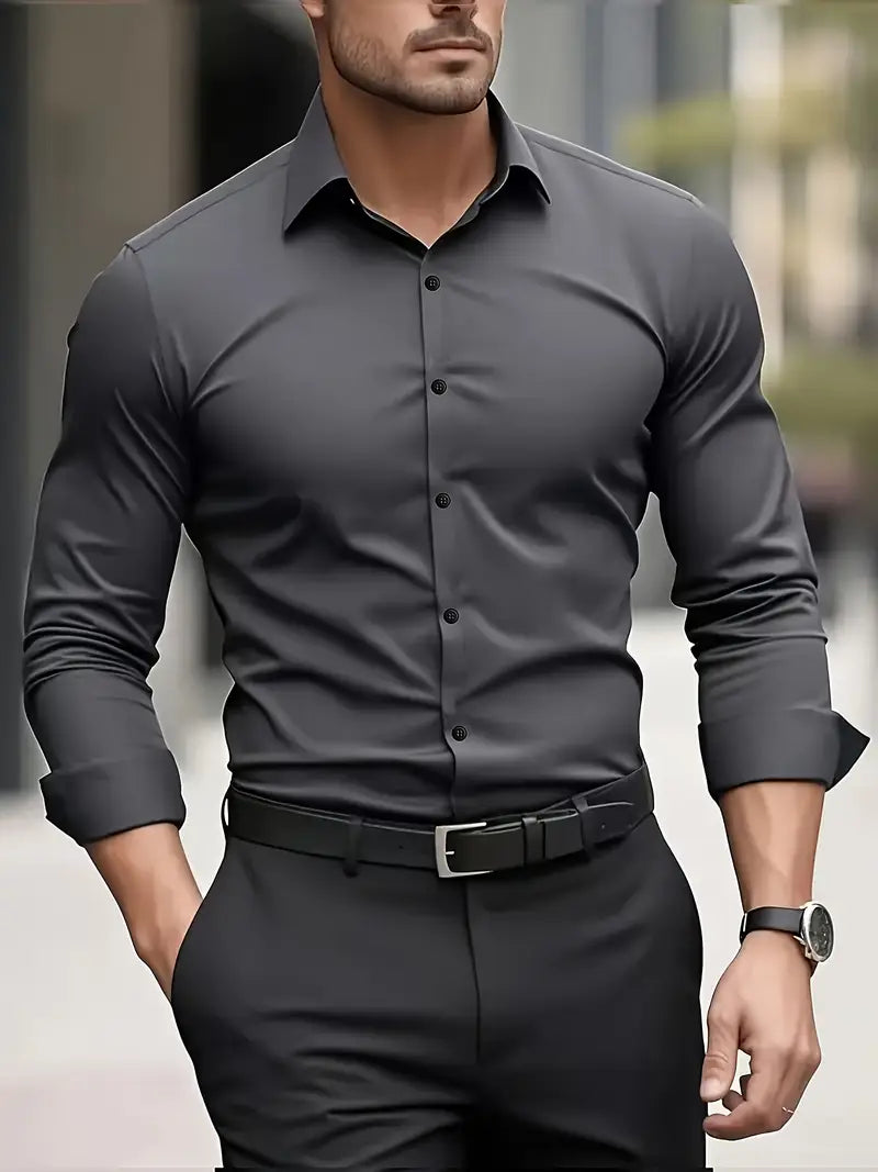 Heren Overhemd Slim Fit met Lange Mouwen en Kentkraag Donkergrijs