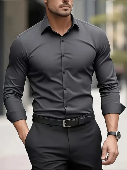 Heren Overhemd Slim Fit met Lange Mouwen en Kentkraag Donkergrijs