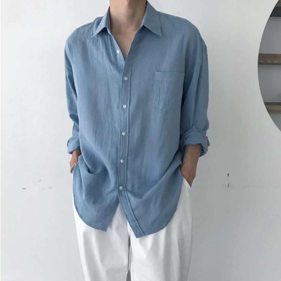 Heren Oversized Shirt met Lange Mouwen en Borstzakje Lichtblauw