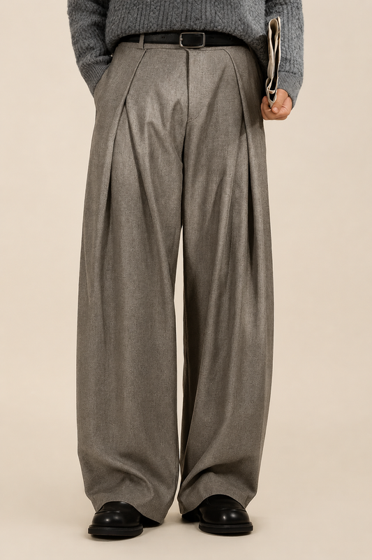 Heren Pantalon met Hoge Taille, Dubbele Plooien en Wide Leg Lichtbruin