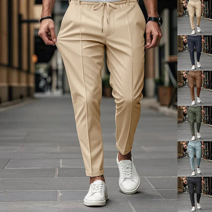 Heren Pantalon Slim Fit met Geperste Voornaad en Elastische Koordtaille