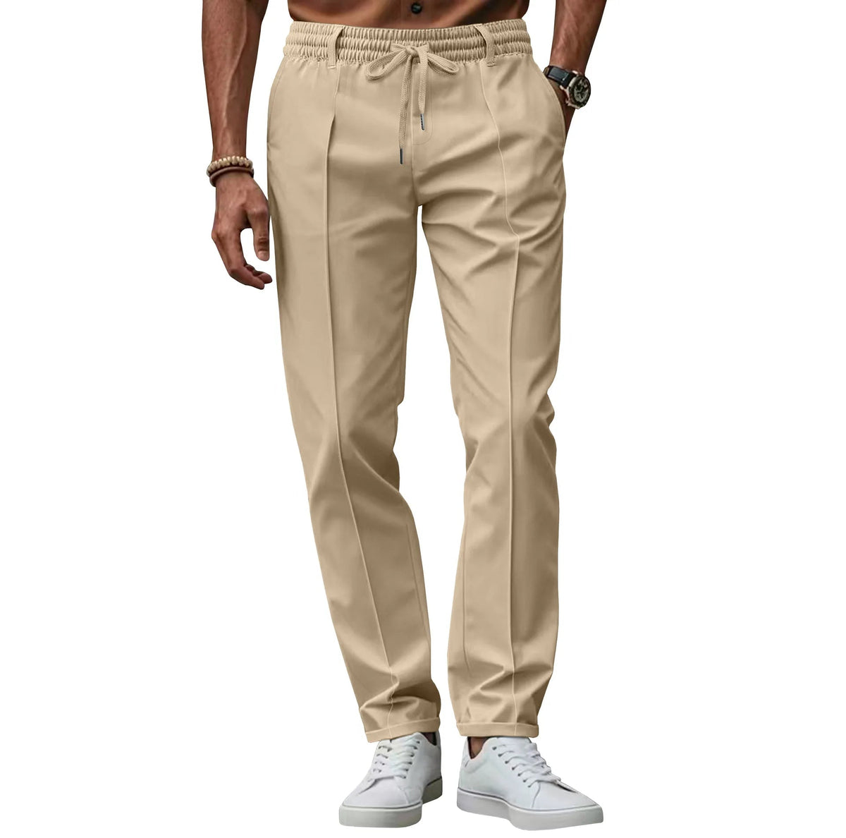 Heren Pantalon Slim Fit met Geperste Voornaad en Elastische Koordtaille