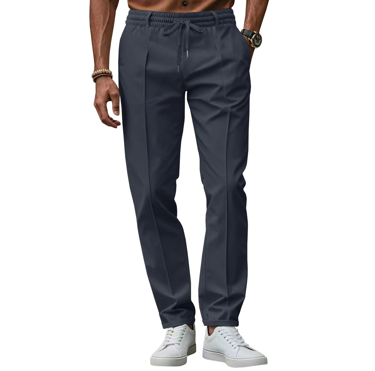 Heren Pantalon Slim Fit met Geperste Voornaad en Elastische Koordtaille