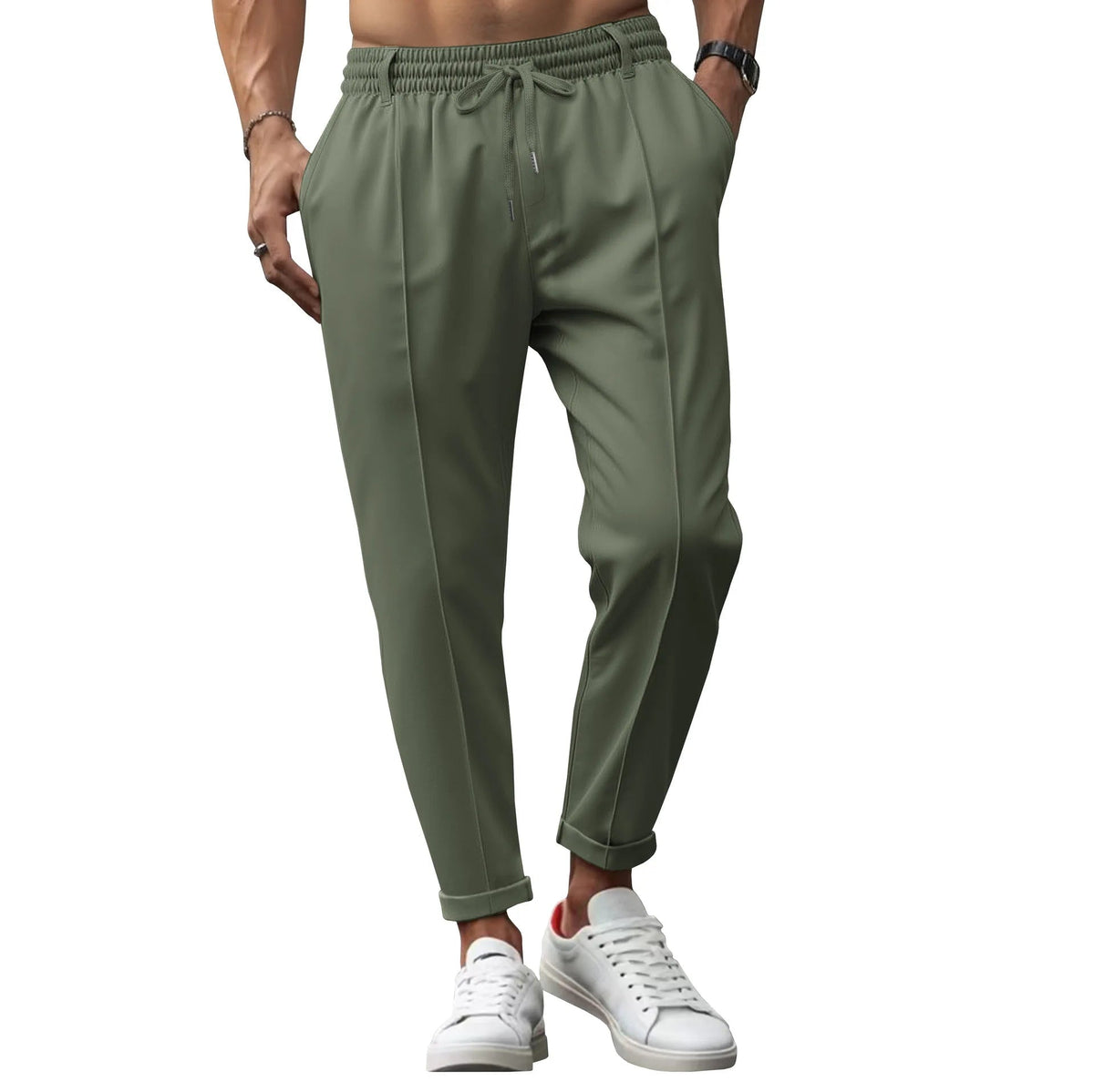 Heren Pantalon Slim Fit met Geperste Voornaad en Elastische Koordtaille