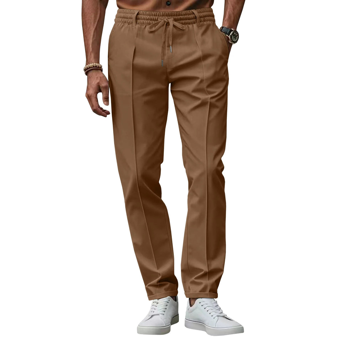 Heren Pantalon Slim Fit met Geperste Voornaad en Elastische Koordtaille