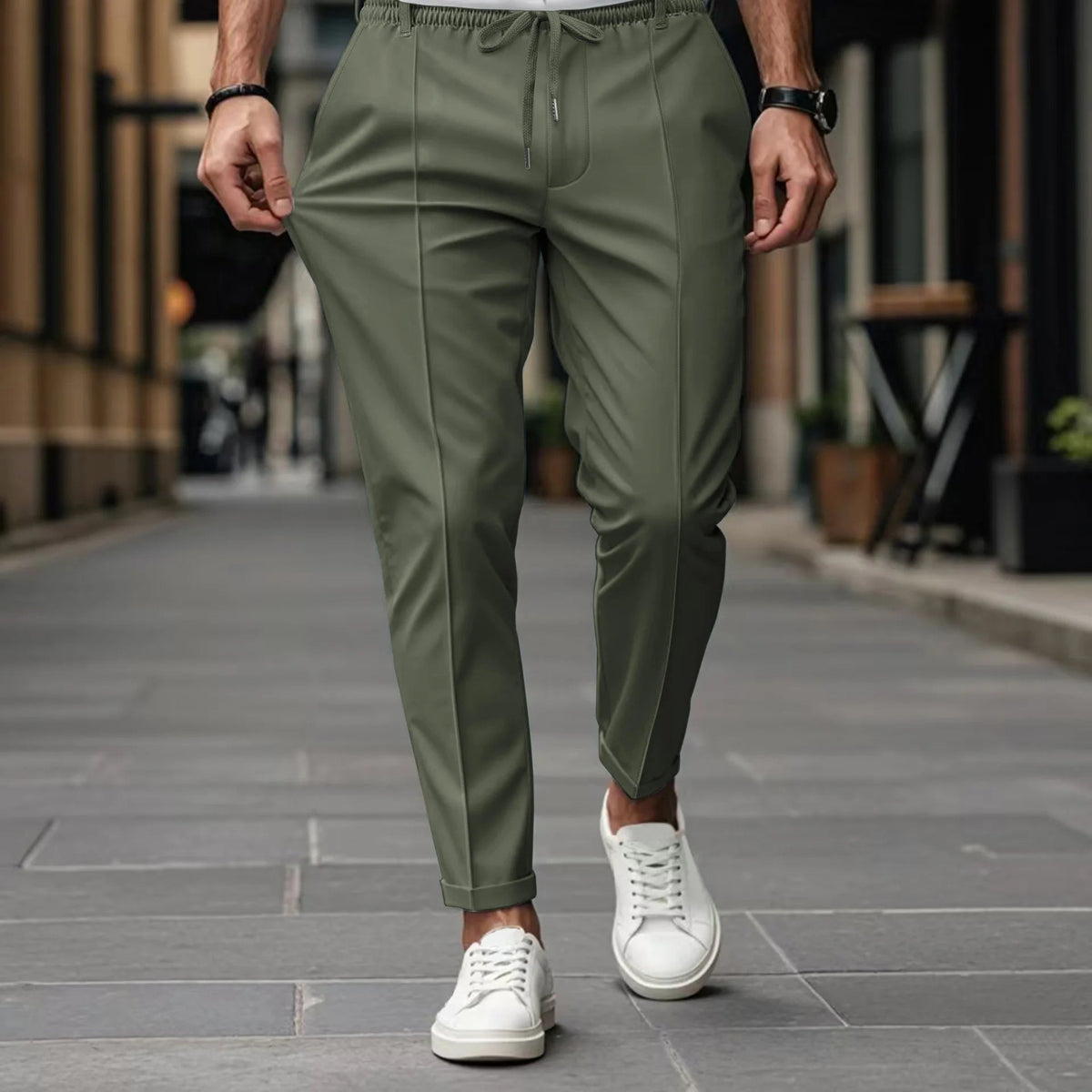 Heren Pantalon Slim Fit met Geperste Voornaad en Elastische Koordtaille