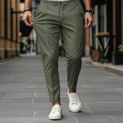 Heren Pantalon Slim Fit met Geperste Voornaad en Elastische Koordtaille